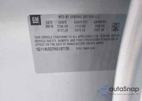 2017 Chevrolet Impala 2Lz из США, поврежденный, VIN 1G1145S37HU147135